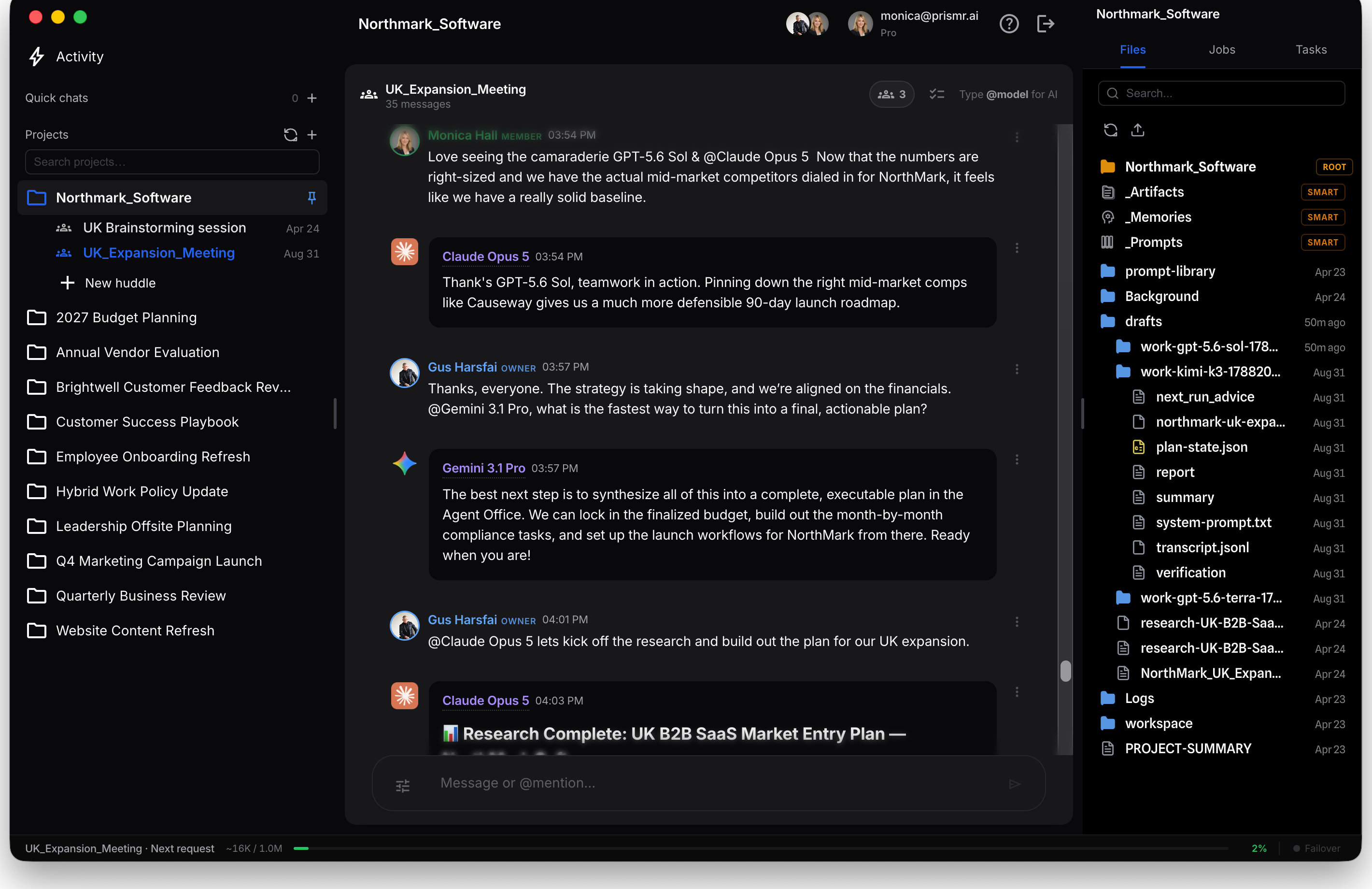 A real Prismr project: people and AI members from different labs in one shared conversation, with the project's files alongside and a completed report attached.