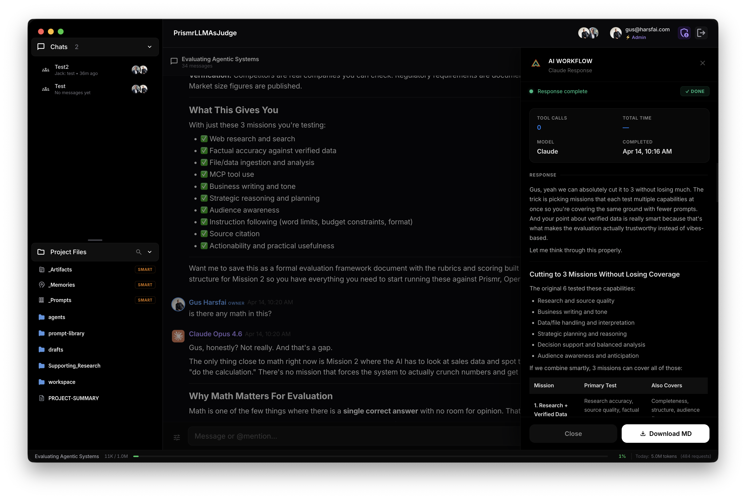 Group chat view with a sidebar showing active agent execution and attached project files.