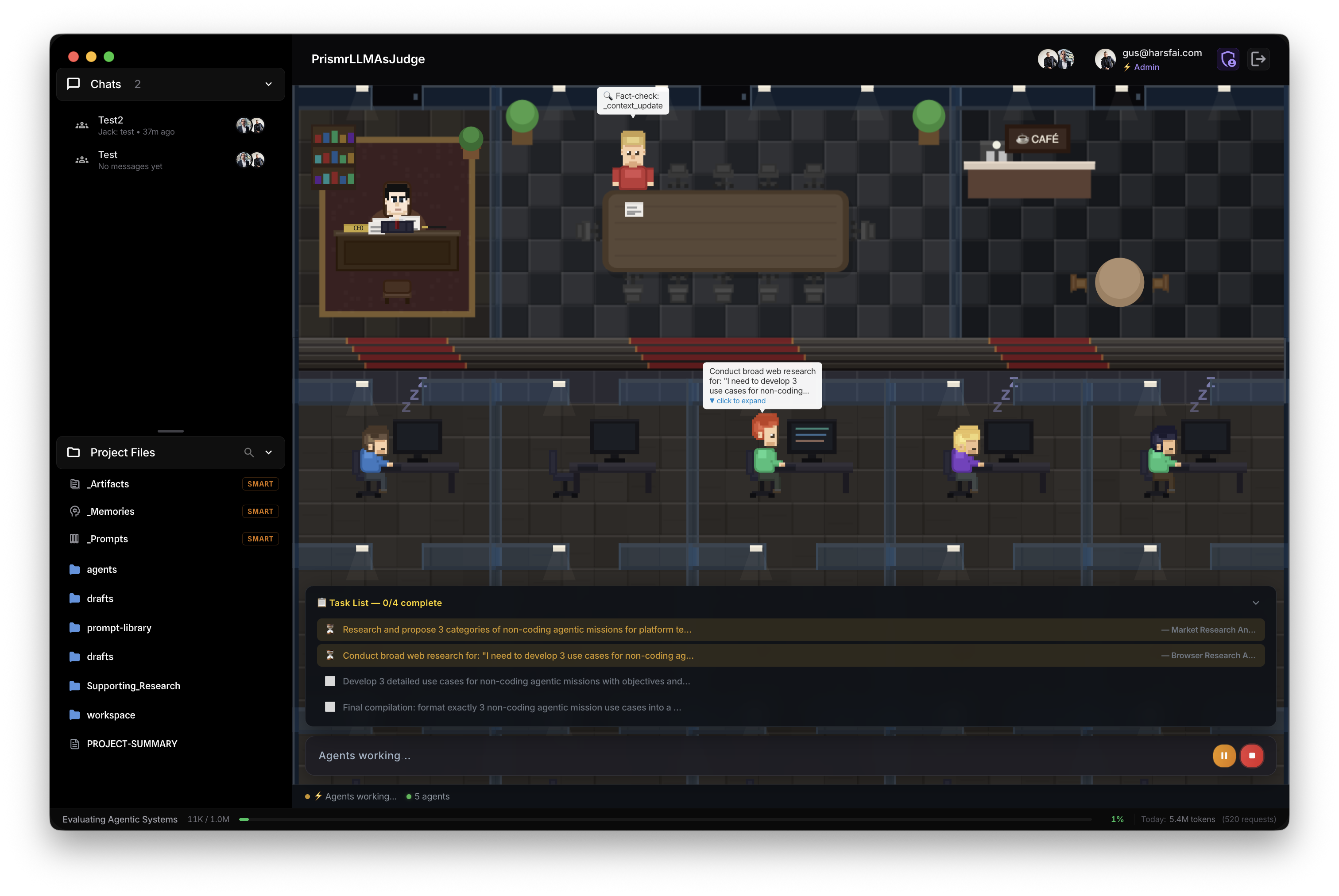 Pixel-art research office with a team of AI workers being supervised.